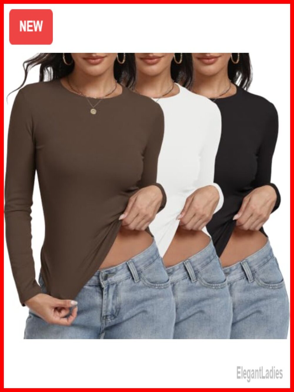 Long Sleeve Fitted Tees 3 Pack Crew Neck Slim Fit Basic Tops